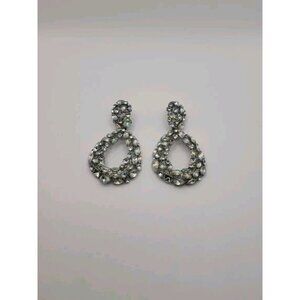 Vintage Iridescent Rhinestone Teardrop Dangle Knocker Pierced Earrings‎ Glamour